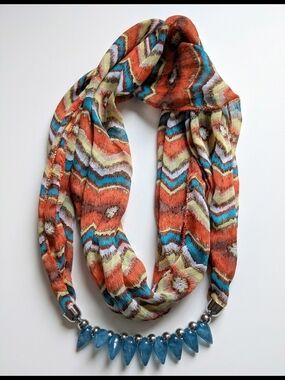 Boho Chevron Orange & Blue Infinity Scarf Necklace